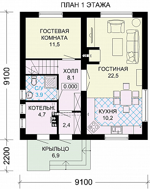 Проект дома из газобетона с гостевой комнатой / План 1 этажа Проект дома из газобетона с гостевой комнатой / План 1 этажа