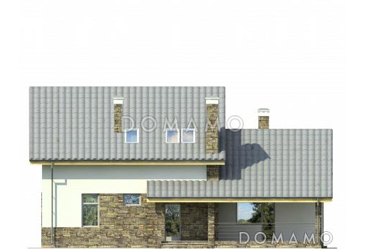 Проект дома с крытой террасой, сауной и душевой, двумя спальнями на первом этаже, гостиной с камином, балконом, вторым светом / Фасад 1