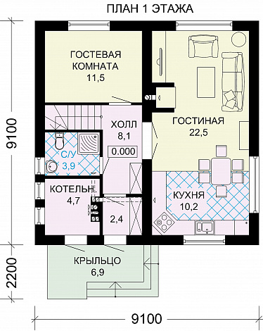 Проект дома из газобетона с гостевой комнатой / План 1 этажа