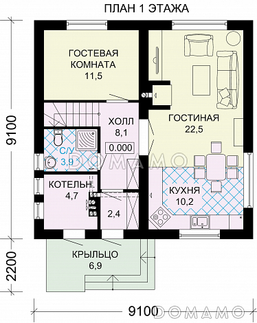 Проект дома из газобетона с гостевой комнатой / План 1 этажа Проект дома из газобетона с гостевой комнатой / План 1 этажа