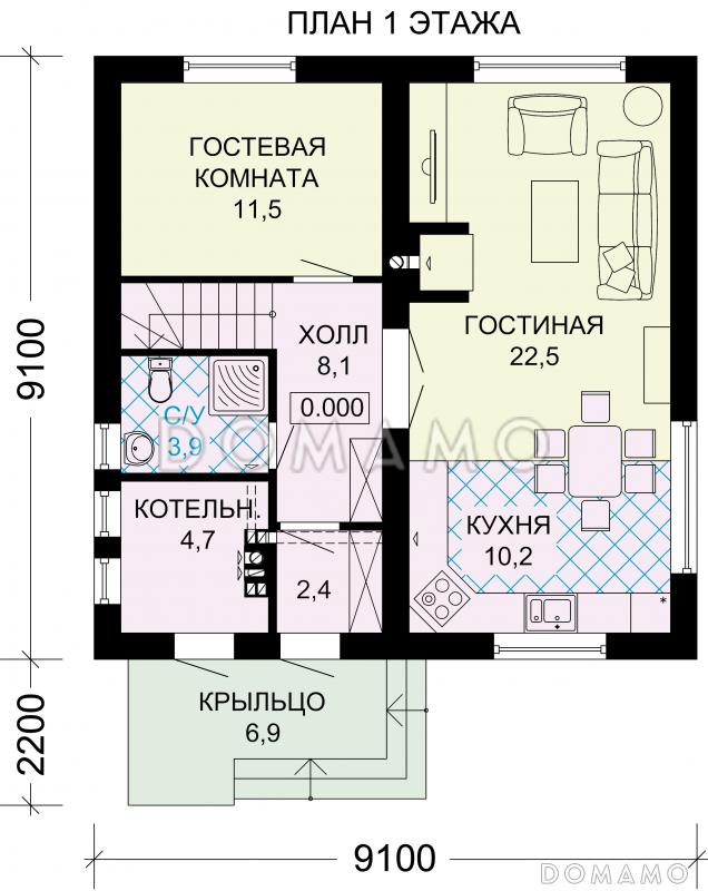 Проект дома из газобетона с гостевой комнатой / План 1 этажа