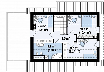 Проект компактного одноэтажного мансардного дома из кирпича с кабинетом, тремя спальнями и открытой террасой над гаражом / План мансардного этажа Проект компактного одноэтажного мансардного дома из кирпича с кабинетом, тремя спальнями и открытой террасой над гаражом / План мансардного этажа