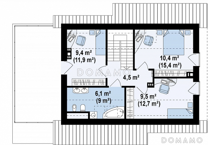 Проект компактного одноэтажного мансардного дома из кирпича с кабинетом, тремя спальнями и открытой террасой над гаражом / План мансардного этажа Проект компактного одноэтажного мансардного дома из кирпича с кабинетом, тремя спальнями и открытой террасой над гаражом / План мансардного этажа