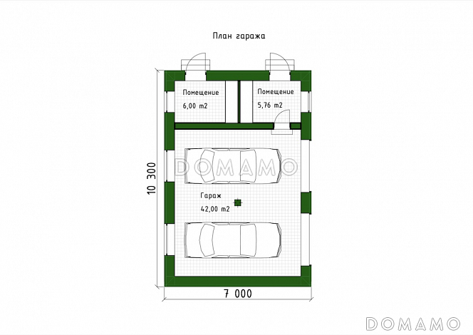 Проект двухместного гаража из газобетона с двумя хозяйственными помещениями / План 1 этажа Проект двухместного гаража из газобетона с двумя хозяйственными помещениями / План 1 этажа