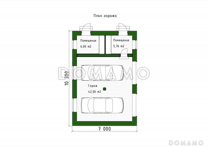 Проект двухместного гаража из газобетона с двумя хозяйственными помещениями / План 1 этажа