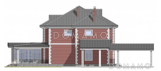 Проект двухэтажного дома из газобетона с пристроенным навесом, верандой и камином / Фасад 1