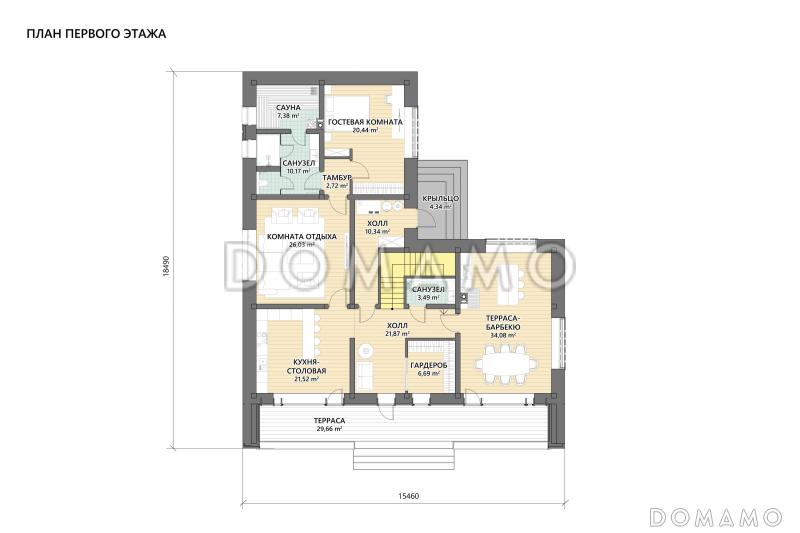 Проект двухэтажного дома из газобетона с сауной, террасой барбекю и балконом / План 1 этажа