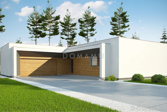 Проект современного одноэтажного углового дома из кирпича с плоской крышей, с тремя спальнями и двухместным гаражом Проект современного одноэтажного углового дома из кирпича с плоской крышей, с тремя спальнями и двухместным гаражом