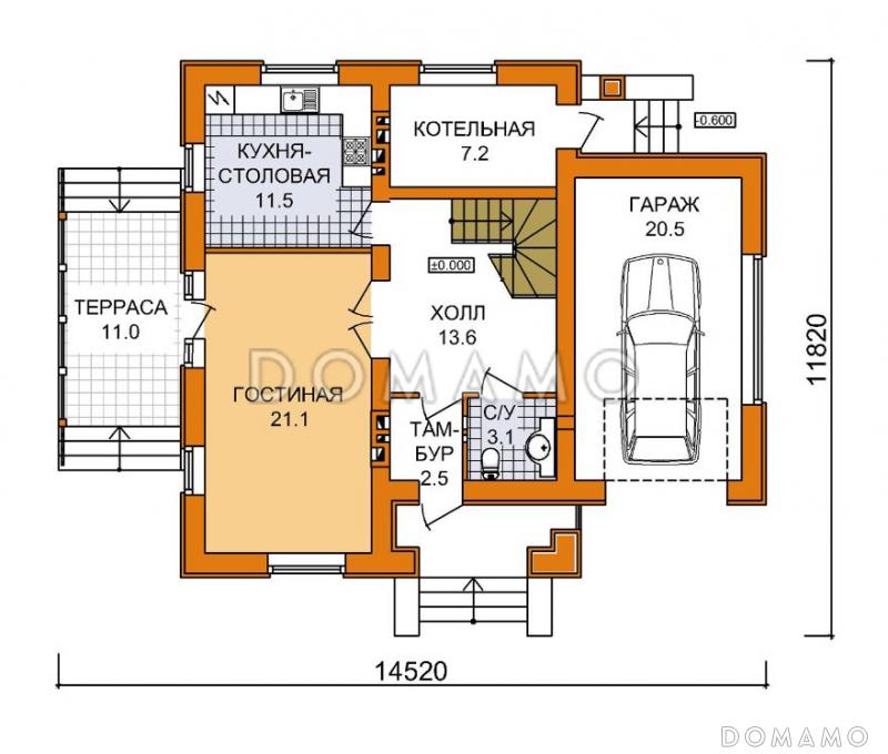 Проект дома из пеноблоков с мансардой, гаражом и тремя спальнями / План 1 этажа