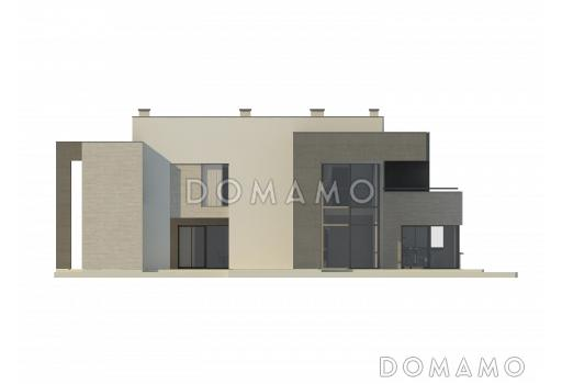 Проект большого современного двухэтажного дома из кирпича необычной формы, с тремя спальнями и кабинетом, сауной и гаражом / Фасад 3