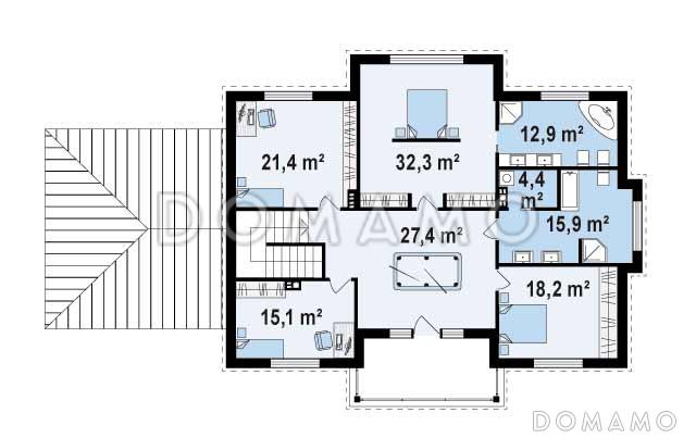 Проект большого двухэтажного дома из кирпича с четырьмя спальнями, гаражом, сауной и просторной дневной зоной / План 2 этажа