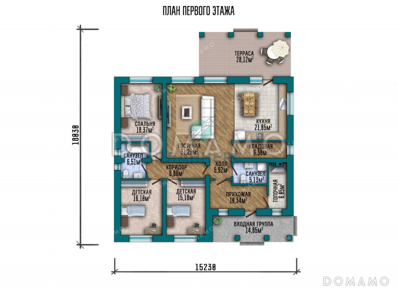 Проект одноэтажного дома с большой террасой и тремя спальнями / План 1 этажа