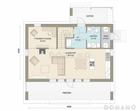 Проект двухэтажного каркасного дома с косой крышей / План 1 этажа
