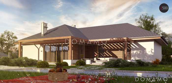 Проект одноэтажного дома из кирпича с просторной гостиной и гаражом на два автомобиля