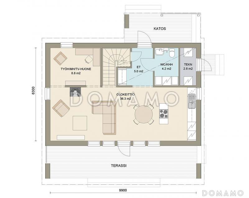 Проект двухэтажного каркасного дома с косой крышей / План 1 этажа