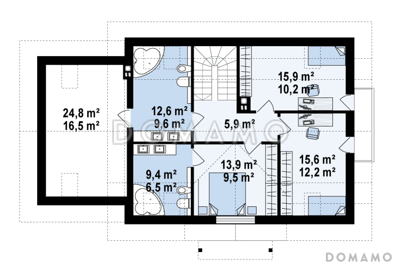 Проект одноэтажного мансардного дома из кирпича с кабинетом, балконом и гаражом / План мансардного этажа