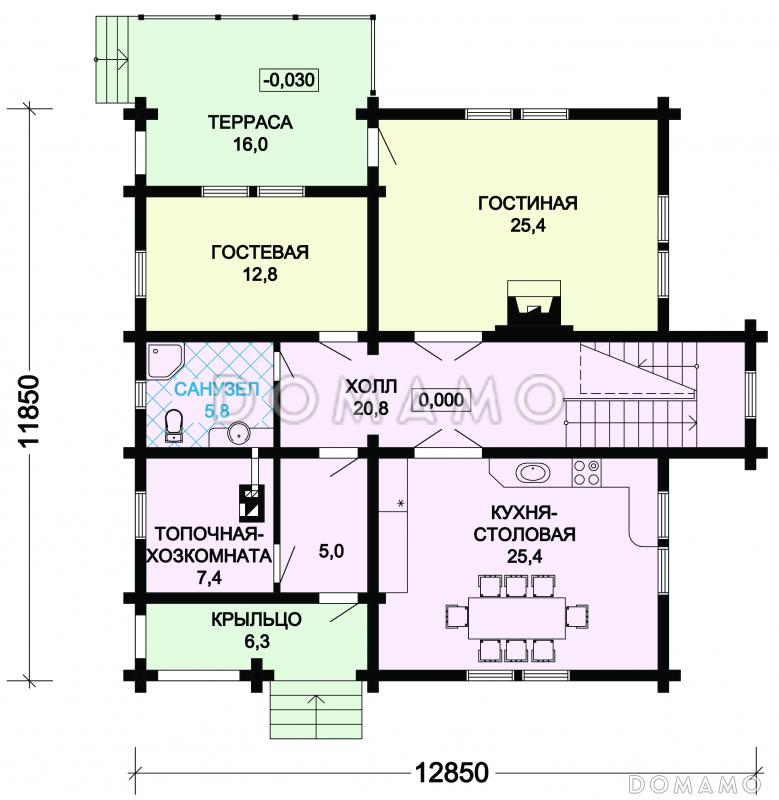 Проект комфортабельного дома из бревна с тремя спальными комнатами и уютной гостиной / План 1 этажа