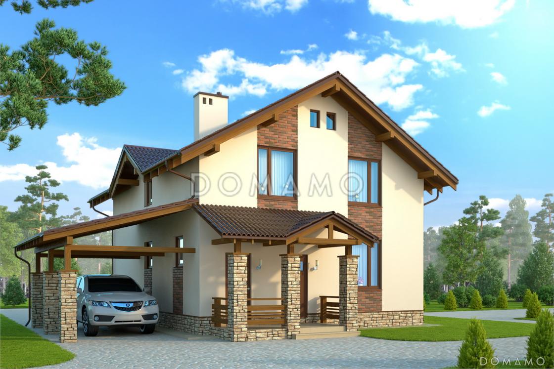 Проект вместительного коттеджа с каменными столбами крыльца и навеса / 1