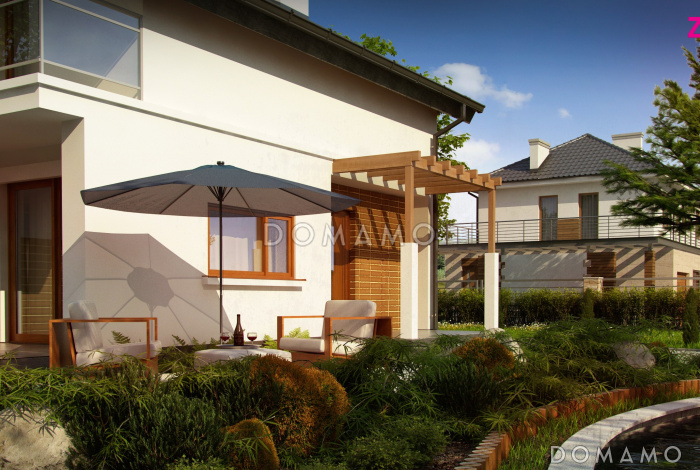 Проект одноэтажного дома с высоким мансардным этажом из газобетона с кабинетом и угловым балконом Проект одноэтажного дома с высоким мансардным этажом из газобетона с кабинетом и угловым балконом