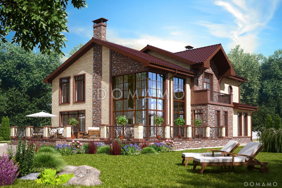 Проект дома из пеноблоков с большой открытой террасой и гаражом на две машины / 1