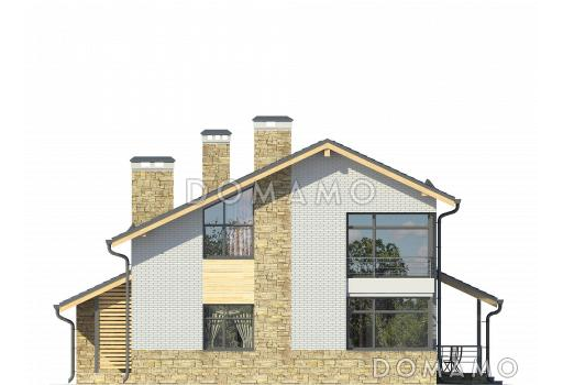 Проект загородного дома с игровой, крытой террасой, камином, просторной гостиной и кухней / Фасад 3