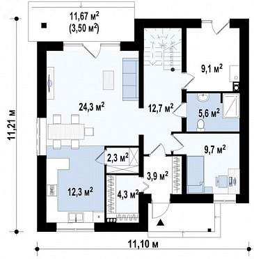 Проект загородного дома с террасой и балконом, кладовыми, просторной ванной с окном на втором этаже / План 1 этажа Проект загородного дома с террасой и балконом, кладовыми, просторной ванной с окном на втором этаже / План 1 этажа