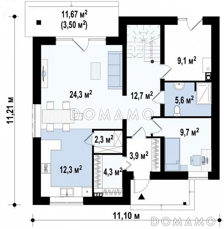 Проект загородного дома с террасой и балконом, кладовыми, просторной ванной с окном на втором этаже / План 1 этажа Проект загородного дома с террасой и балконом, кладовыми, просторной ванной с окном на втором этаже / План 1 этажа