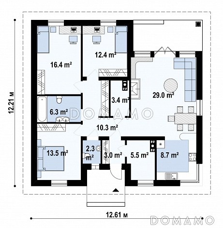 Проект одноэтажного дома из газобетона с тремя спальнями, светлой гостиной и угловым окном в кухне / План 1 этажа Проект одноэтажного дома из газобетона с тремя спальнями, светлой гостиной и угловым окном в кухне / План 1 этажа