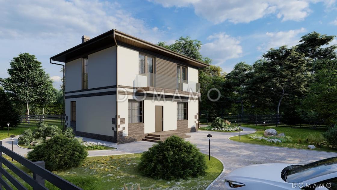 Проект компактного двухэтажного дома с 3 спальнями, гостиной и балконом / 1