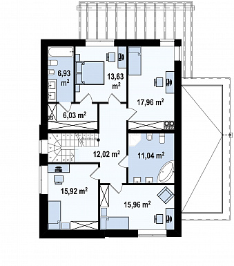 Проект современного двухэтажного дома из кирпича с плоской крышей с четырьмя спальнями, кабинетом и двухместным гаражом / План 2 этажа Проект современного двухэтажного дома из кирпича с плоской крышей с четырьмя спальнями, кабинетом и двухместным гаражом / План 2 этажа