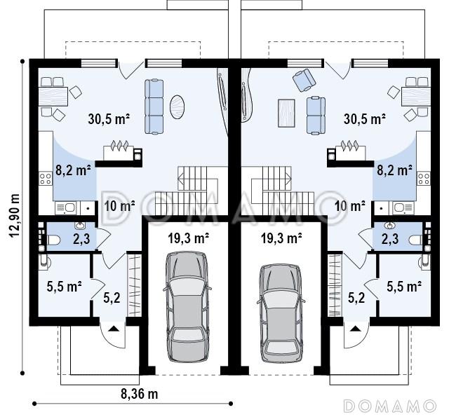 Проект современных мансардных домов-близнецов из газобетона с гаражом, тремя спальнями и красивым слуховым окном и балконом / План 1 этажа