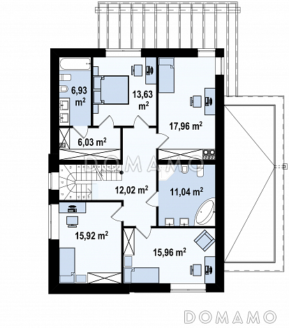 Проект современного двухэтажного дома из кирпича с плоской крышей с четырьмя спальнями, кабинетом и двухместным гаражом / План 2 этажа Проект современного двухэтажного дома из кирпича с плоской крышей с четырьмя спальнями, кабинетом и двухместным гаражом / План 2 этажа
