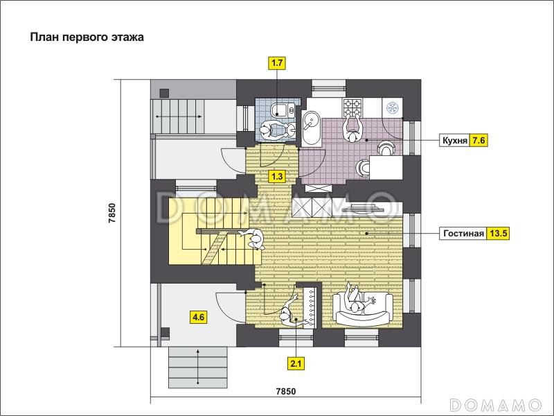 Проект дома с котельной в подвале, двумя кладовыми, спальнями с гардеробом / План 1 этажа