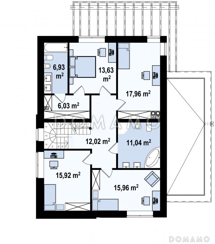 Проект современного двухэтажного дома из кирпича с плоской крышей с четырьмя спальнями, кабинетом и двухместным гаражом / План 2 этажа