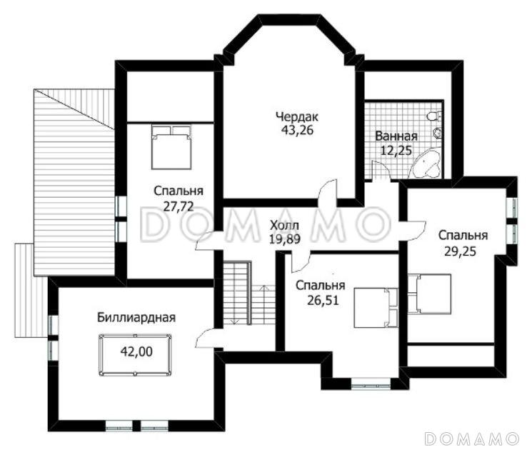 Проект вместительного дома с мансардой, сауной и небольшим бассейном / План мансардного этажа