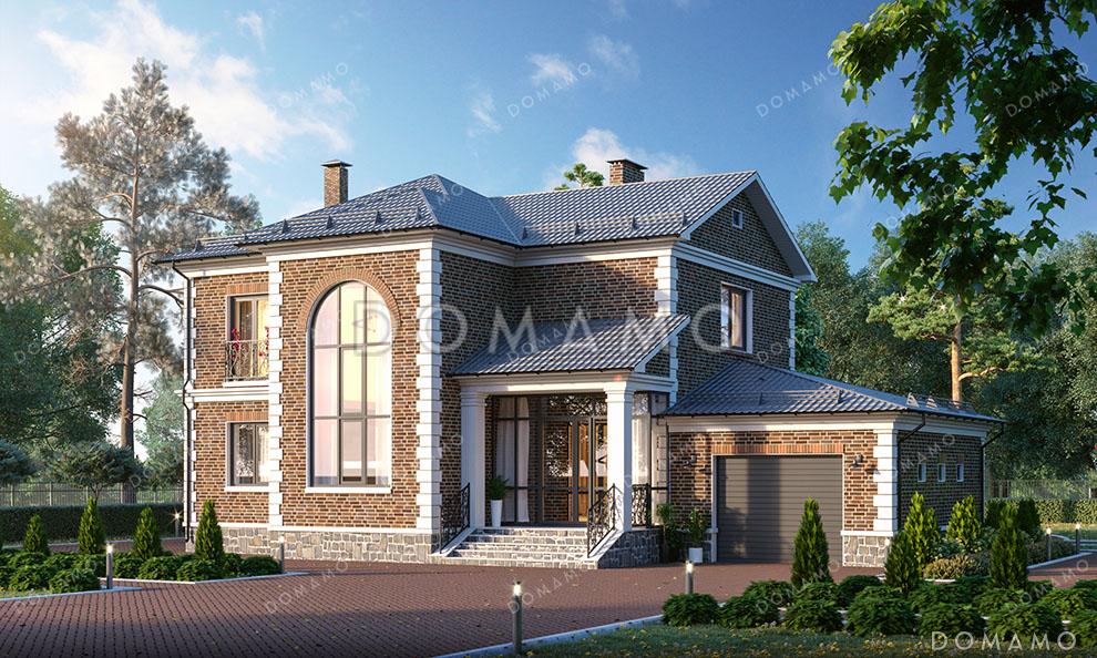 Проект двухэтажного дома с панорамным светлым окном и французским балконом в классическом стиле с эркером / 3