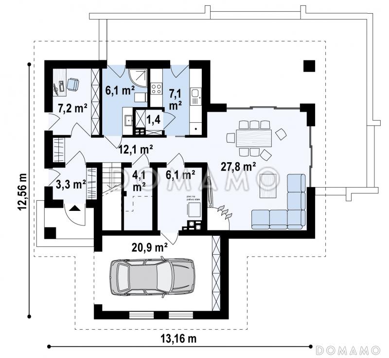 Проект современного одноэтажного мансардного дома из кирпича с кабинетом и гаражом / План 1 этажа