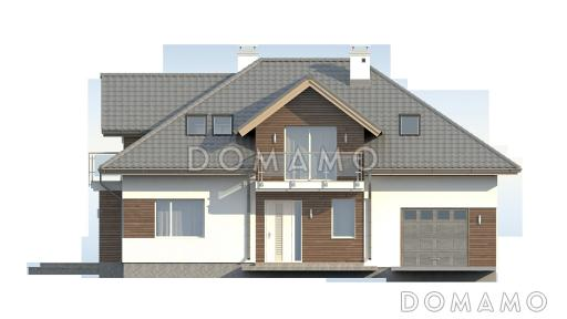 Проект просторного одноэтажного мансардного коттеджа из газобетона с гостевой спальней на первом этаже, кабинетом и гаражом / Фасад 1