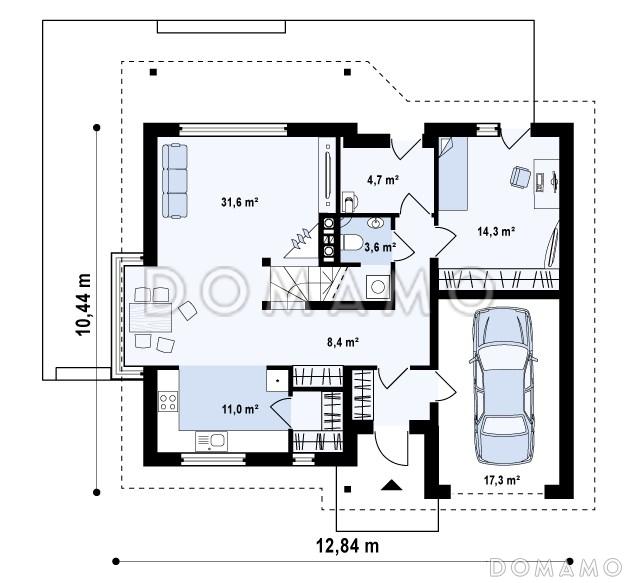 Проект одноэтажного мансардного дома из кирпича со стеклянным прямоугольным эркером и гаражом / План 1 этажа