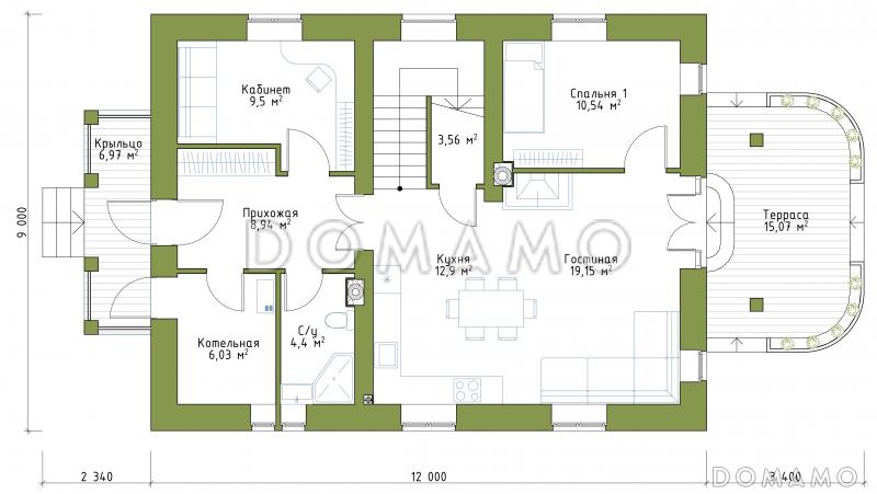 Проект двухэтажного коттеджа с террасой для узкого участка / План 1 этажа