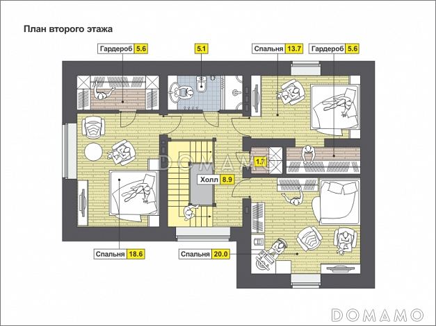 Проект одноэтажного дома с длинной крытой террасой, просторной гостиной и комнатой на первом этаже и тремя спальнями на мансардном этаже / План мансардного этажа Проект одноэтажного дома с длинной крытой террасой, просторной гостиной и комнатой на первом этаже и тремя спальнями на мансардном этаже / План мансардного этажа