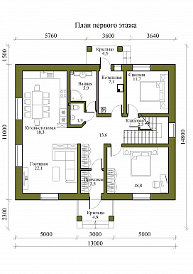 Проект двухэтажного дома с мастер-спальней и кабинетом / План 1 этажа