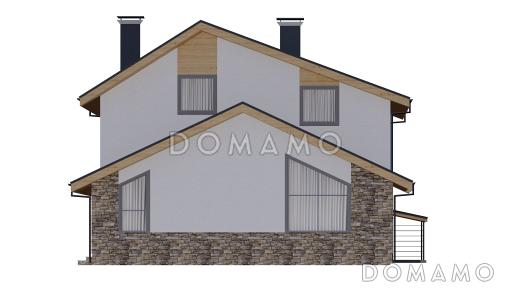 Проект двухэтажного дома из газобетона с двускатной крышей с подвалом, террасой и балконом / Фасад 4