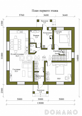 Проект двухэтажного дома с мастер-спальней и кабинетом / План 1 этажа