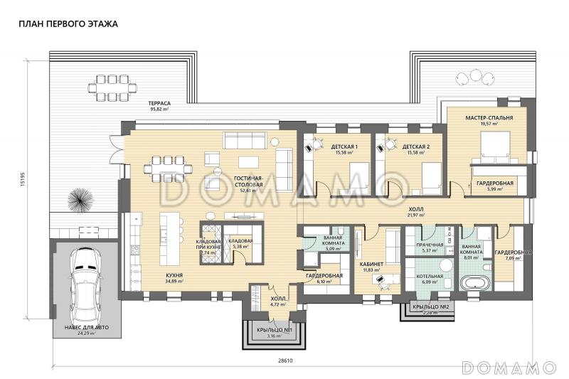 Проект одноэтажного дома с просторной дневной зоной, летней кухней на террасе, тремя спальнями и построчной / План 1 этажа