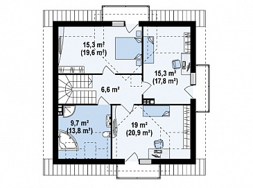 Проект одноэтажного мансардного дома из газобетона с кабинетом, эркером и балконом / План мансардного этажа Проект одноэтажного мансардного дома из газобетона с кабинетом, эркером и балконом / План мансардного этажа