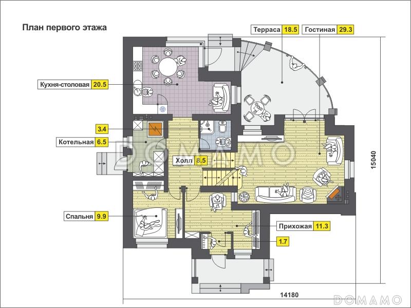 Одноэтажный дом с полукруглой террасой, просторной гостиной и кухней-столовой / План 1 этажа