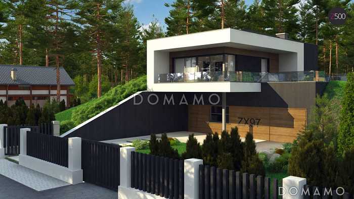 Проект современного двухэтажного дома из газобетона с плоской крышей необычного дизайна, подходит для участка со склоном Проект современного двухэтажного дома из газобетона с плоской крышей необычного дизайна, подходит для участка со склоном