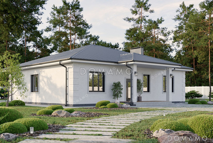 Проект одноэтажного дома с четырьмя спальнями, просторной гостиной-столовой и терасой Проект одноэтажного дома с четырьмя спальнями, просторной гостиной-столовой и терасой