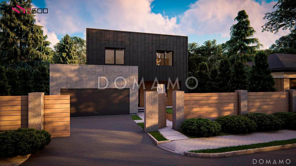 Проект двухэтажного загородного дома с гаражом, входом на кухню из гостиной и прихожей, кладовой, санузлом под лестницей / 2